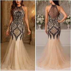 Nina Canacci Beaded Sequin Mermaid Gown Dress in Cream Black
